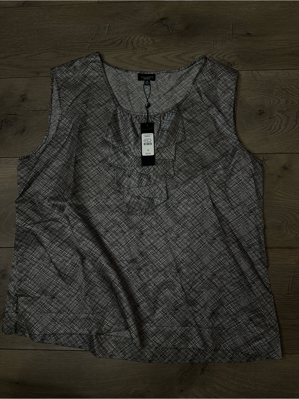 Talbots Black & White Sleeveless Ruffle Front Top